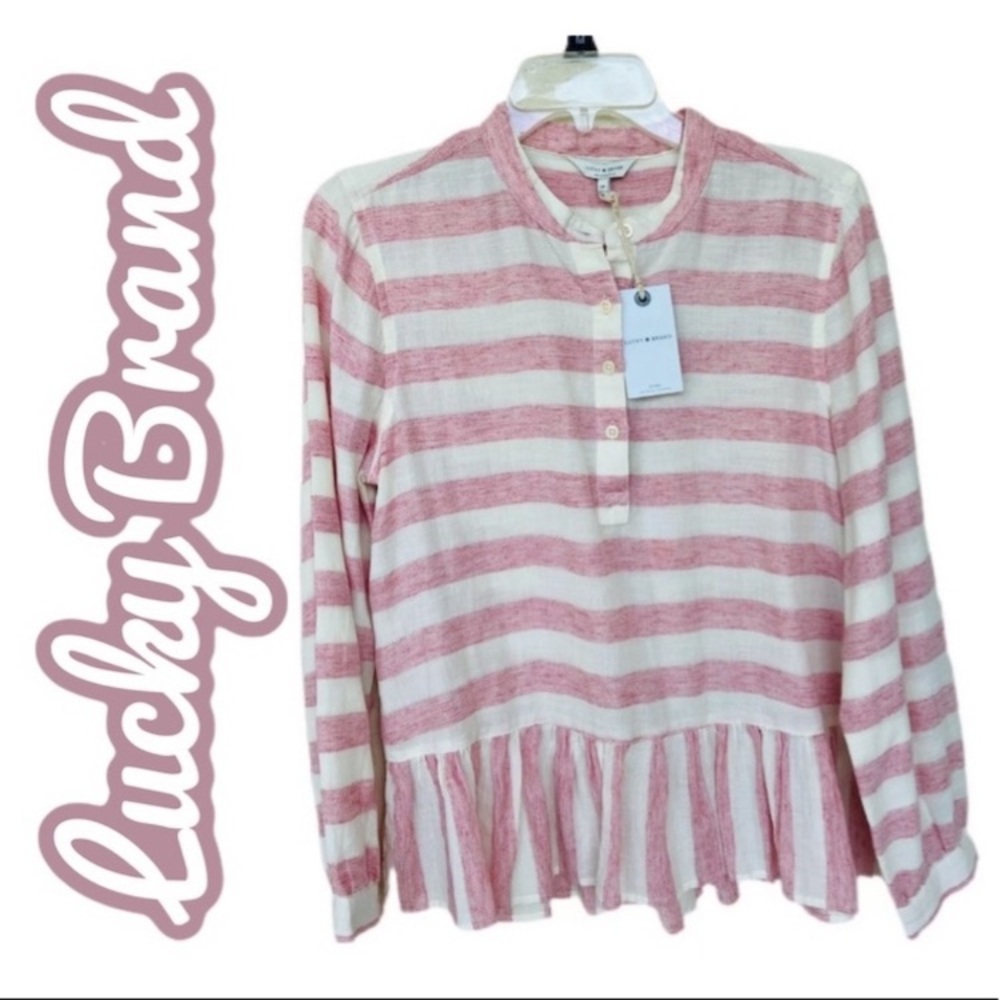 🎉 FINAL PRICE 🎉 NWT Lucky Brand Pink Striped Size MEDIUM Ruffle Blouse